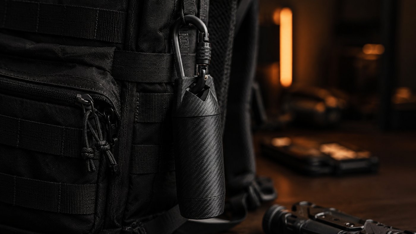 Vault Air clipped via carabiner to MOLLE webbing on a tactical backpack