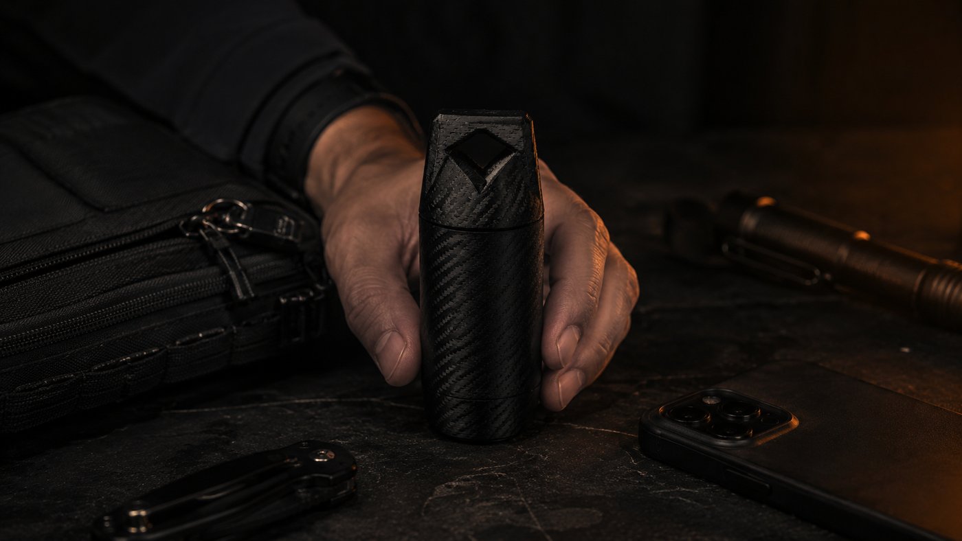 Vault Air held in hand alongside everyday-carry items