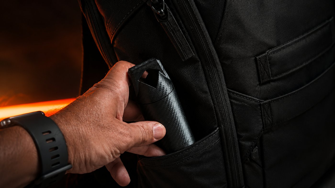 Vault Air being placed into a backpack side pocket